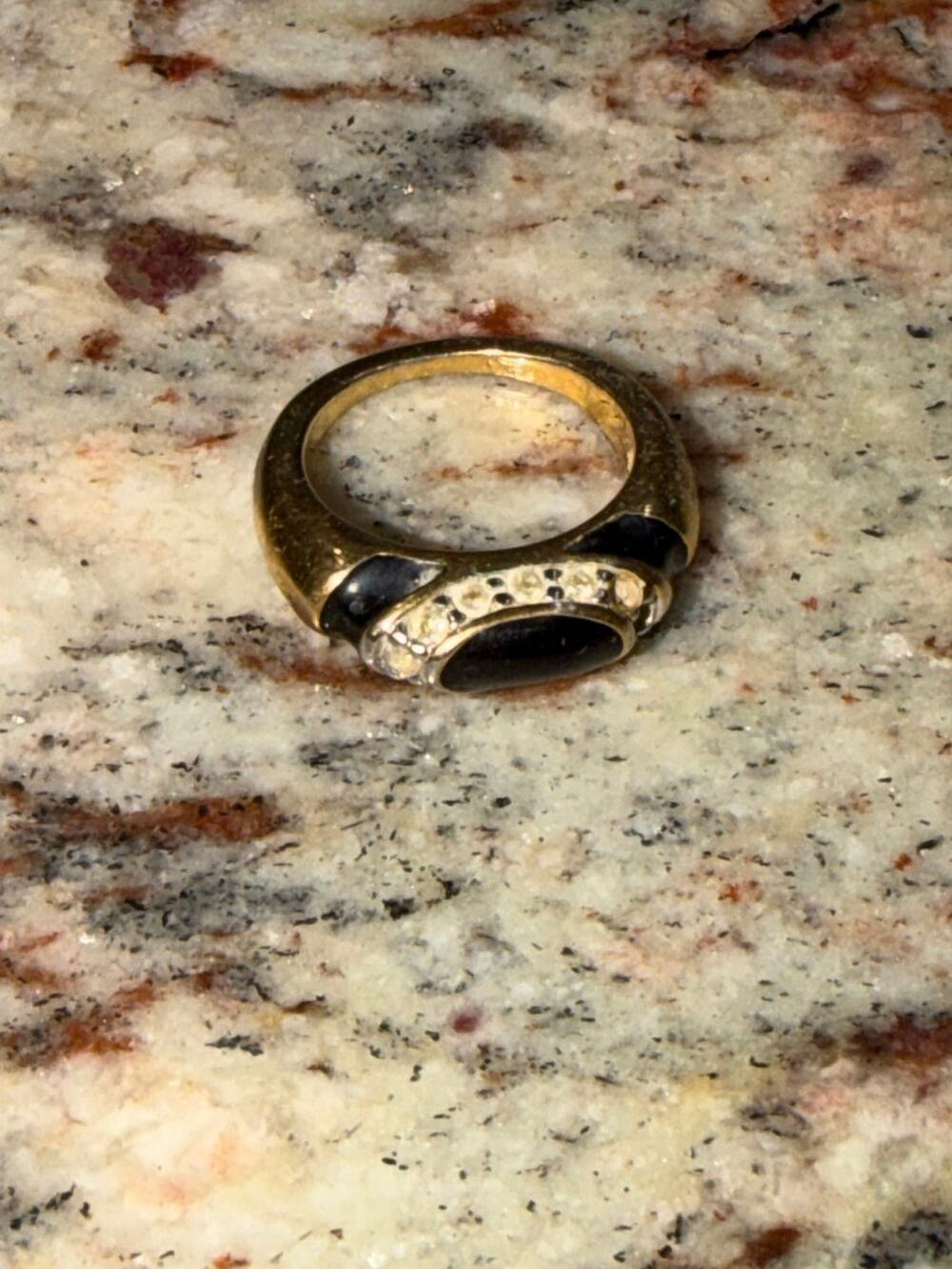 Vintage Black Cabochon & Rhinestone Cocktail Ring